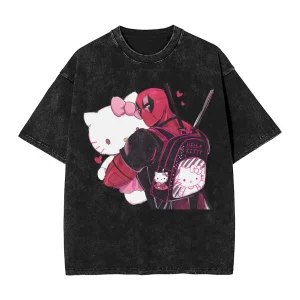 T-shirt Deadpool & Hello Kitty – Câlin explosif en noir délavé