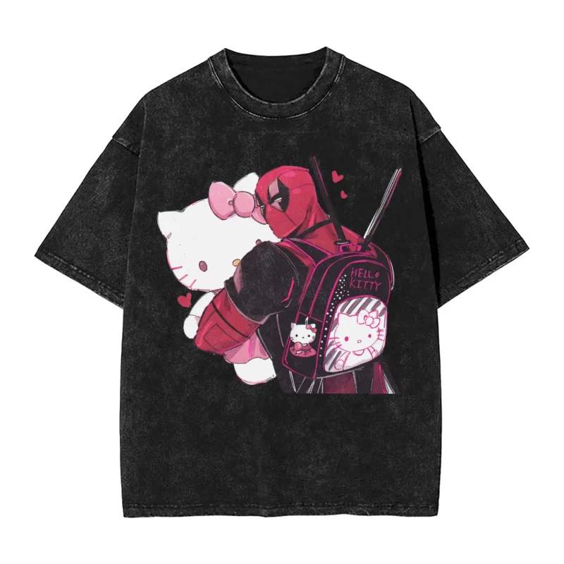 T-shirt Deadpool & Hello Kitty – Câlin explosif en noir délavé