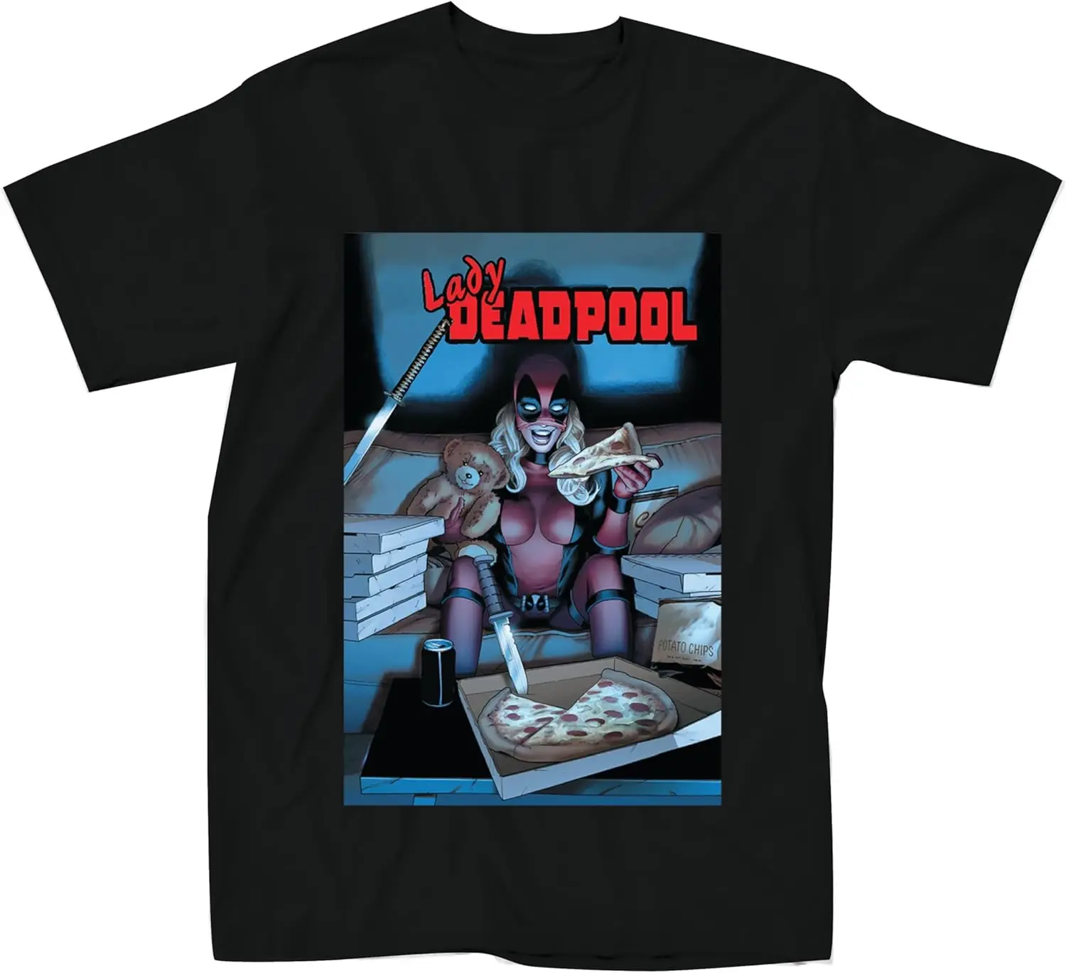 T-shirt Lady Deadpool – Détente Pizza & Katana sur Canapé